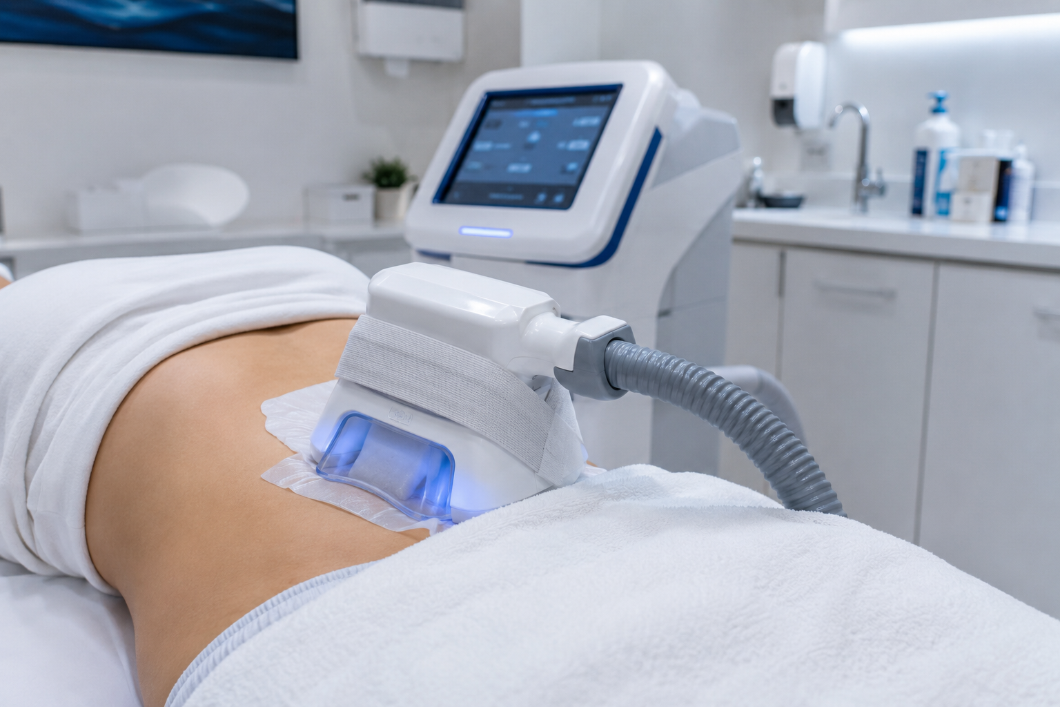 Fat freezing applicator positioned on the abdomen during a Lipo Freeze cryolipolysis session